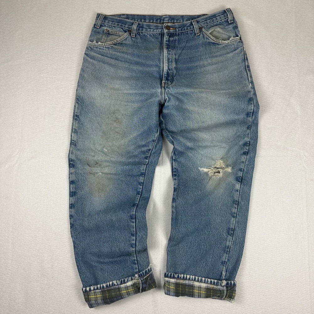Dickies Mens Flannel Lined Distressed Relaxed Fit Blue Jeans 29693RNB 36 x 30